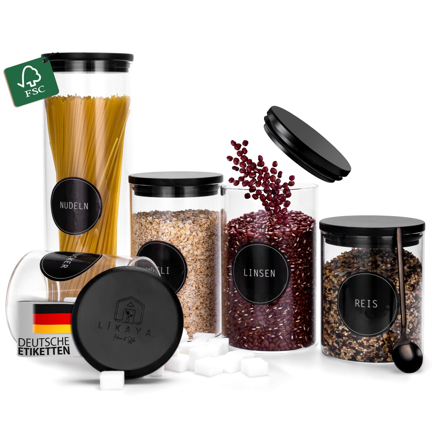 Vorratsgläser aus Borosilikat-Glas mit schwarzen FSC®-zertifizierten Pinienholz-Deckeln