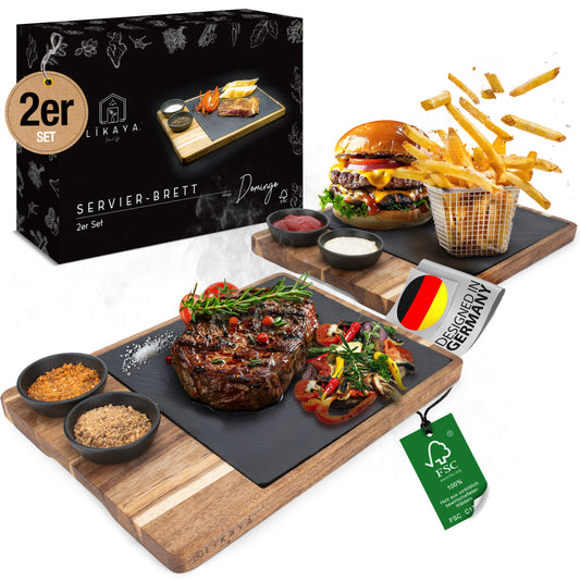 Servierbrett XXL ‘Domingo' 2er Set aus FSC® Akazien-Holz mit Schieferplatte & Saucen Schüsseln