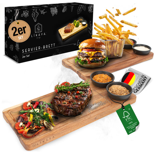 Servierbrett 'LUISA' 2er Set aus FSC® zertifiziertem Akazien-Holz mit Saucen Schüsseln
