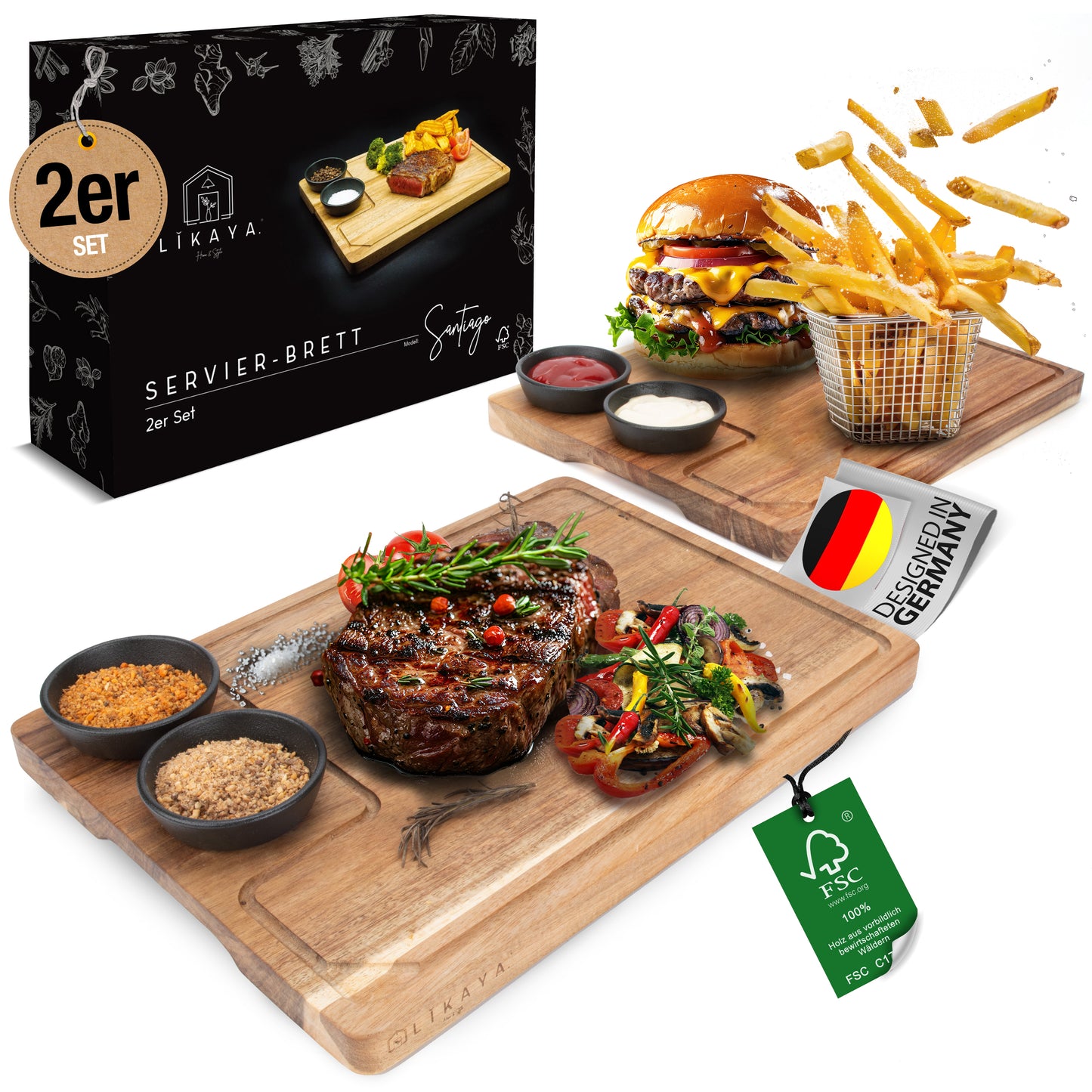Servierbrett XXL 'Santiago' 2er Set aus FSC® zertifiziertem Akazien-Holz mit Saucen Schüsseln