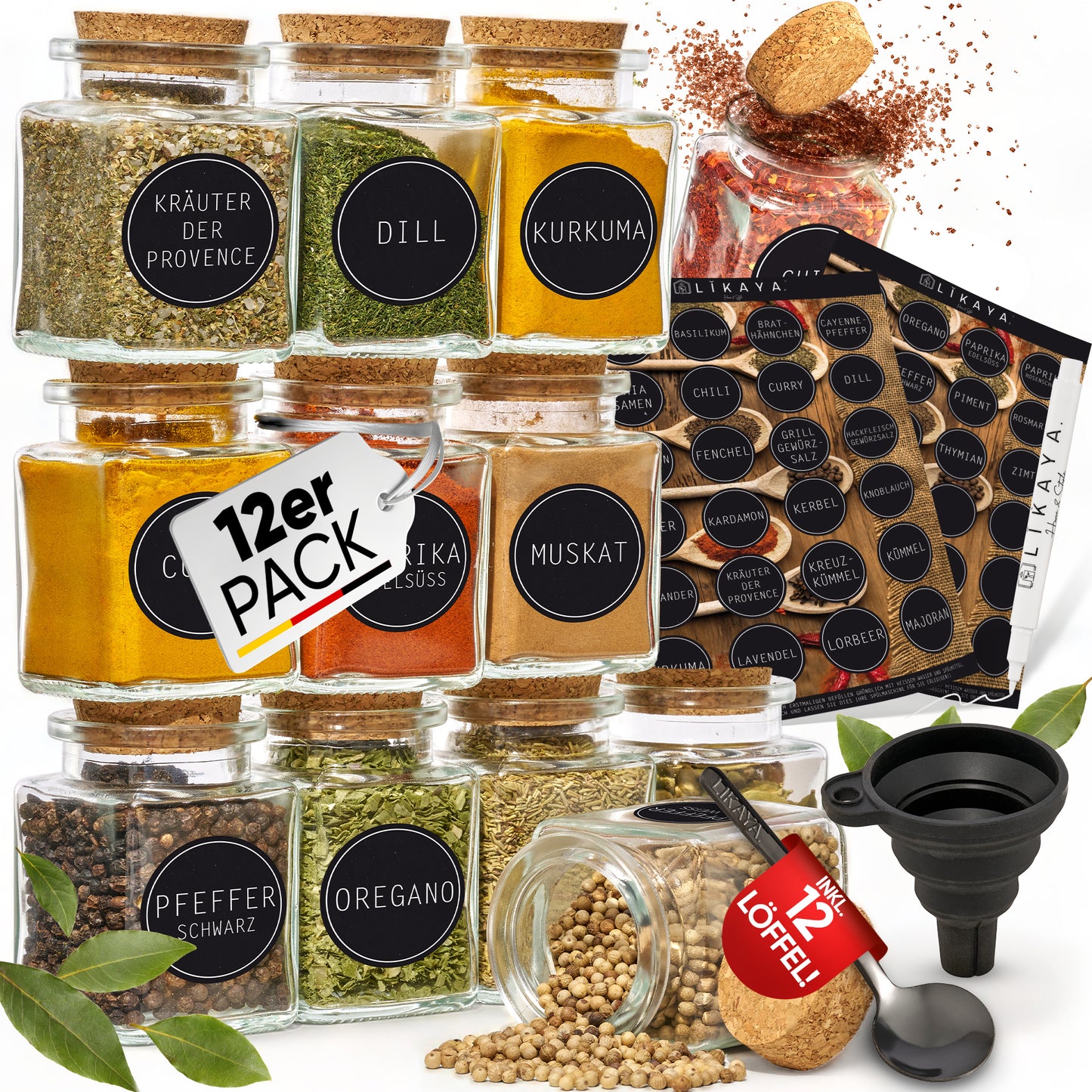Gewürzgläser (12er Set) eckig 150ml mit Korkdeckel, 36x Etiketten und 12x Metalllöffelchen