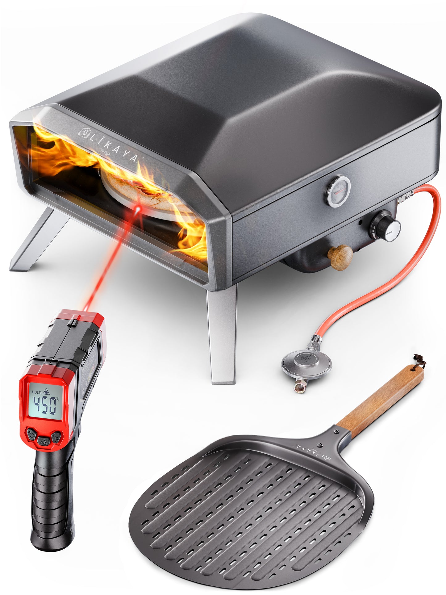 LIKAYA NeroSpin Pizzaofen 12” Black Edition – 6,2kW Gas Pizza Ofen für außen mit drehbarem Pizzastein, Pizzaschaufel & Thermometer Pistole