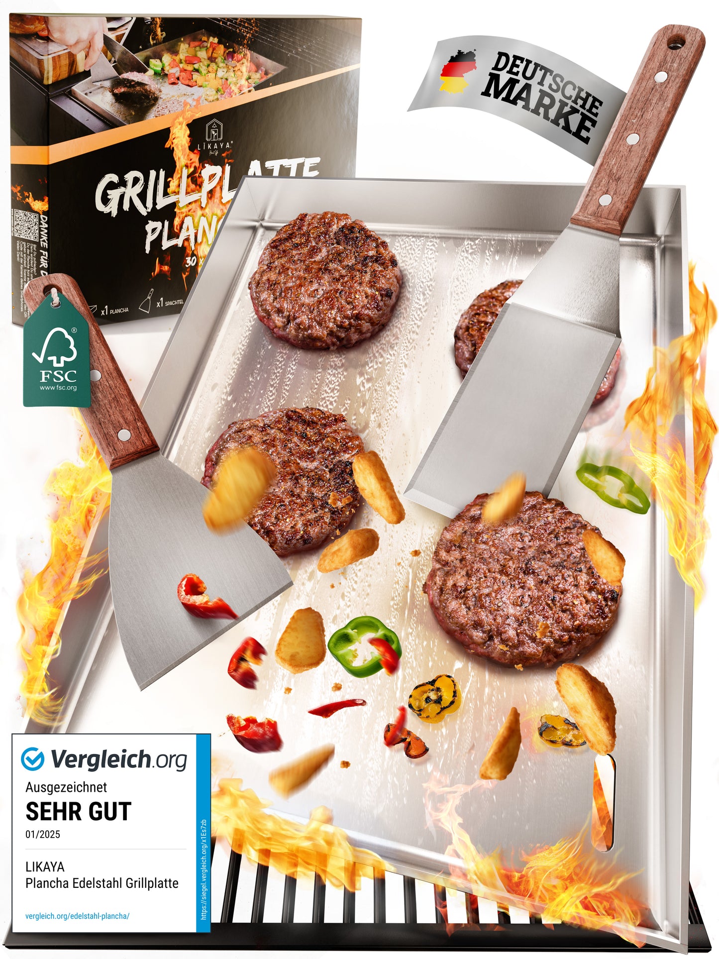 LIKAYA® Edelstahl Grillplatte / Plancha - massiver 4mm V2A Edelstahl inkl. 2x Grillspachteln mit FSC®-Akazienholz Griff - perfektes Grillzubehör!