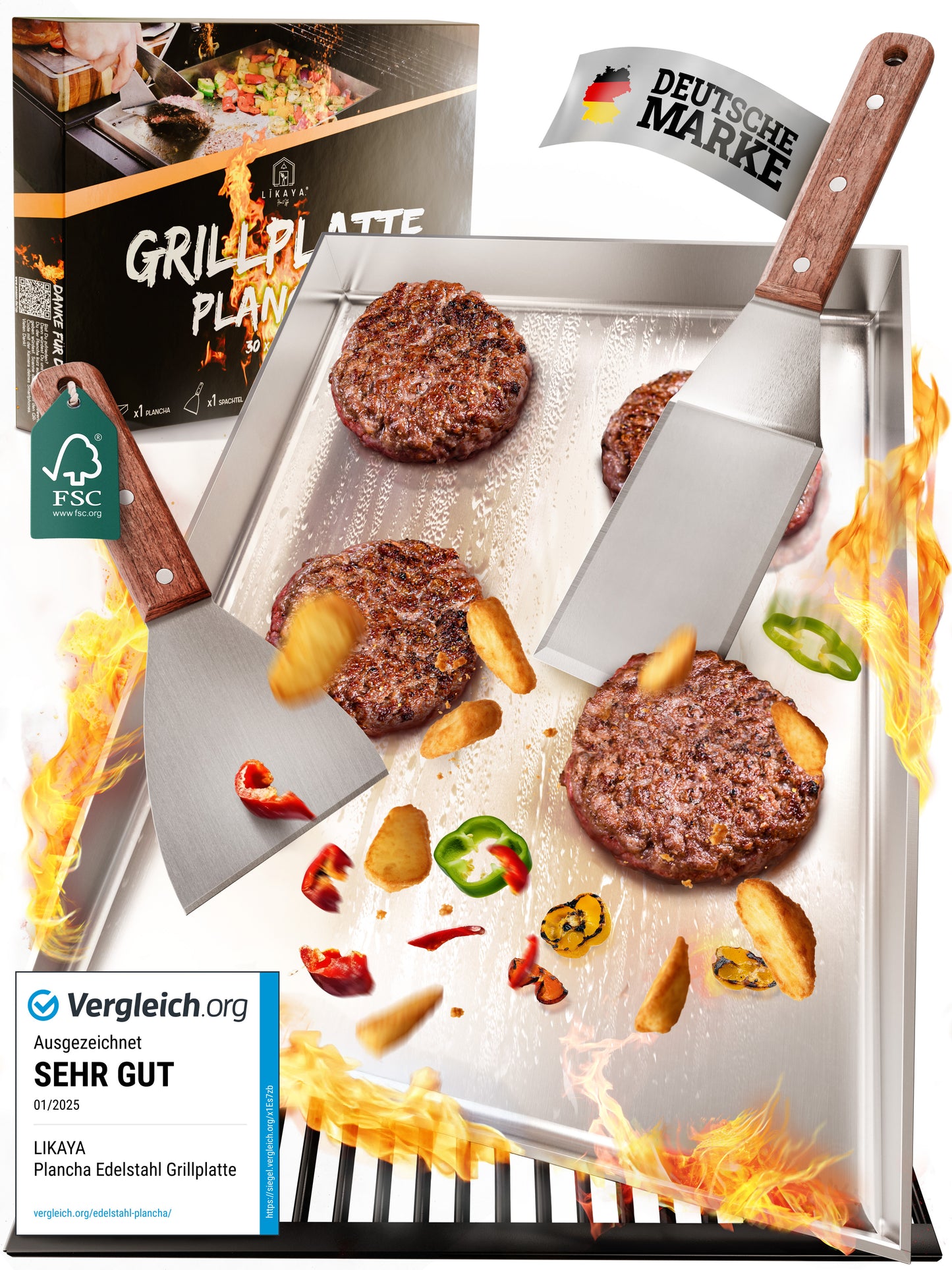 LIKAYA® Edelstahl Grillplatte / Plancha - massiver 4mm V2A Edelstahl inkl. 2x Grillspachteln mit FSC®-Akazienholz Griff - perfektes Grillzubehör!