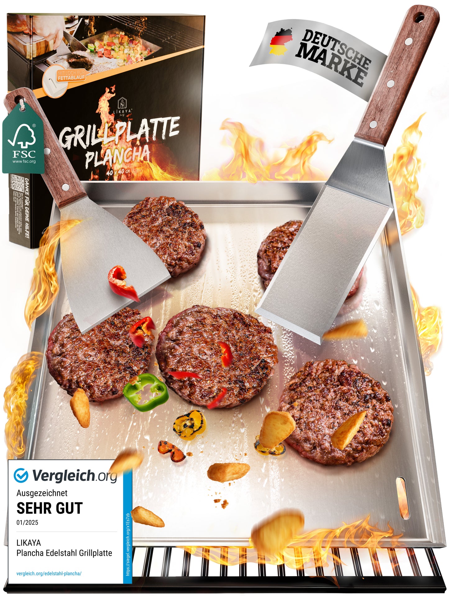 LIKAYA® Edelstahl Grillplatte / Plancha - massiver 4mm V2A Edelstahl inkl. 2x Grillspachteln mit FSC®-Akazienholz Griff - perfektes Grillzubehör!
