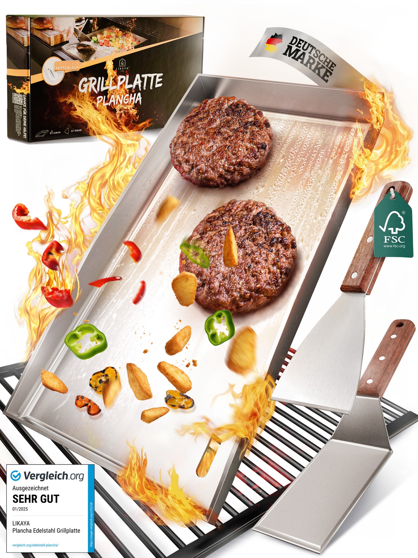 LIKAYA® Edelstahl Grillplatte / Plancha - massiver 4mm V2A Edelstahl inkl. 2x Grillspachteln mit FSC®-Akazienholz Griff - perfektes Grillzubehör!