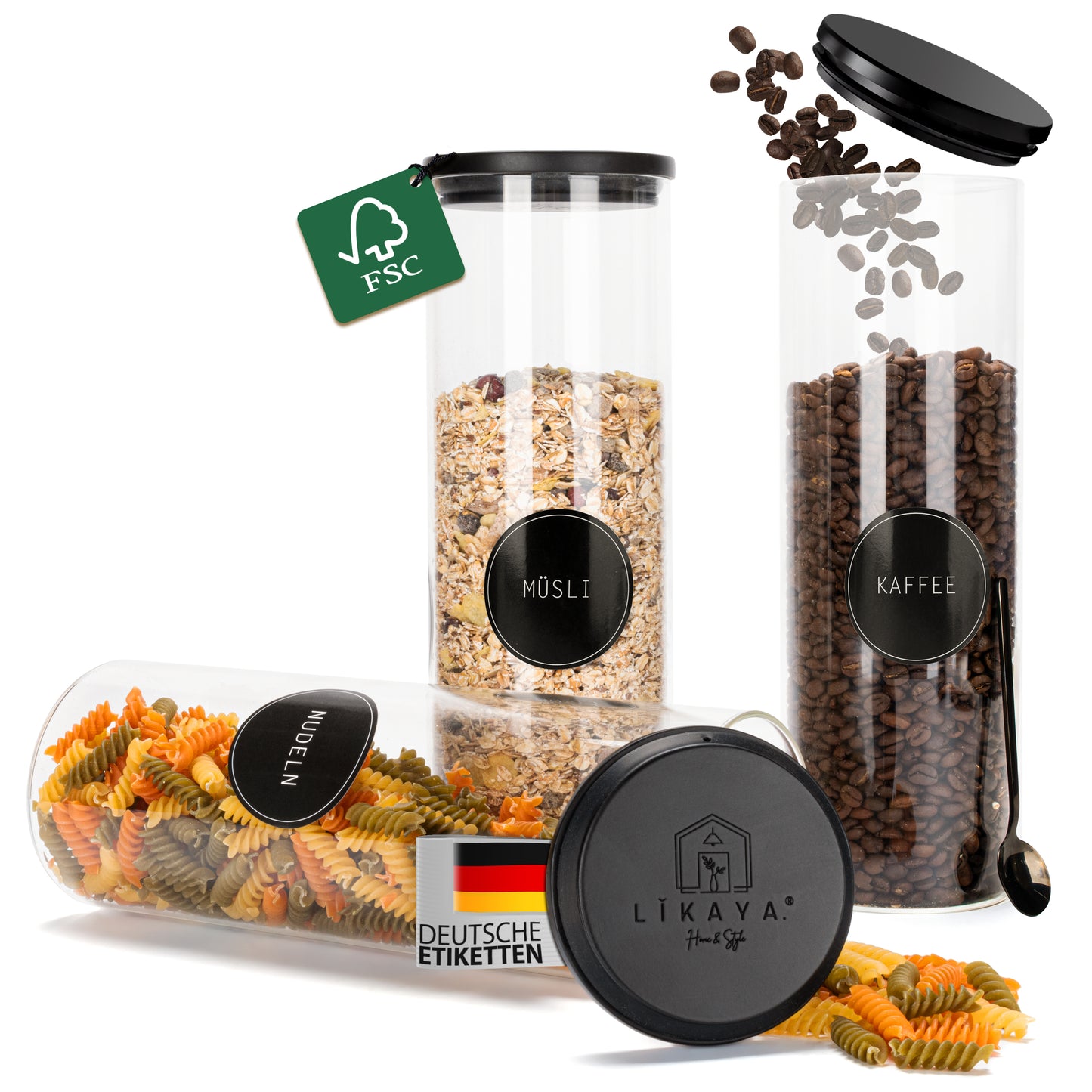 Vorratsgläser aus Borosilikat-Glas mit schwarzen FSC®-zertifizierten Pinienholz-Deckeln