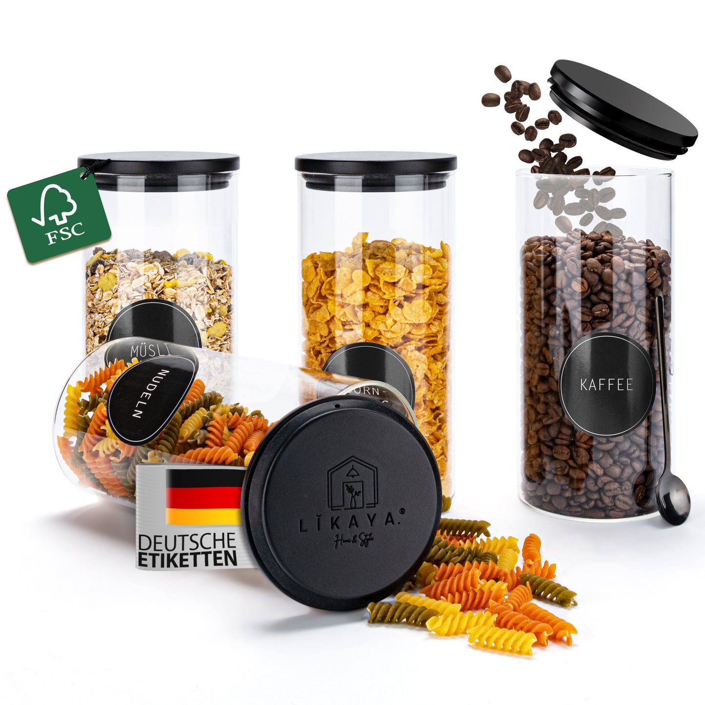 Vorratsgläser aus Borosilikat-Glas mit schwarzen FSC®-zertifizierten Pinienholz-Deckeln