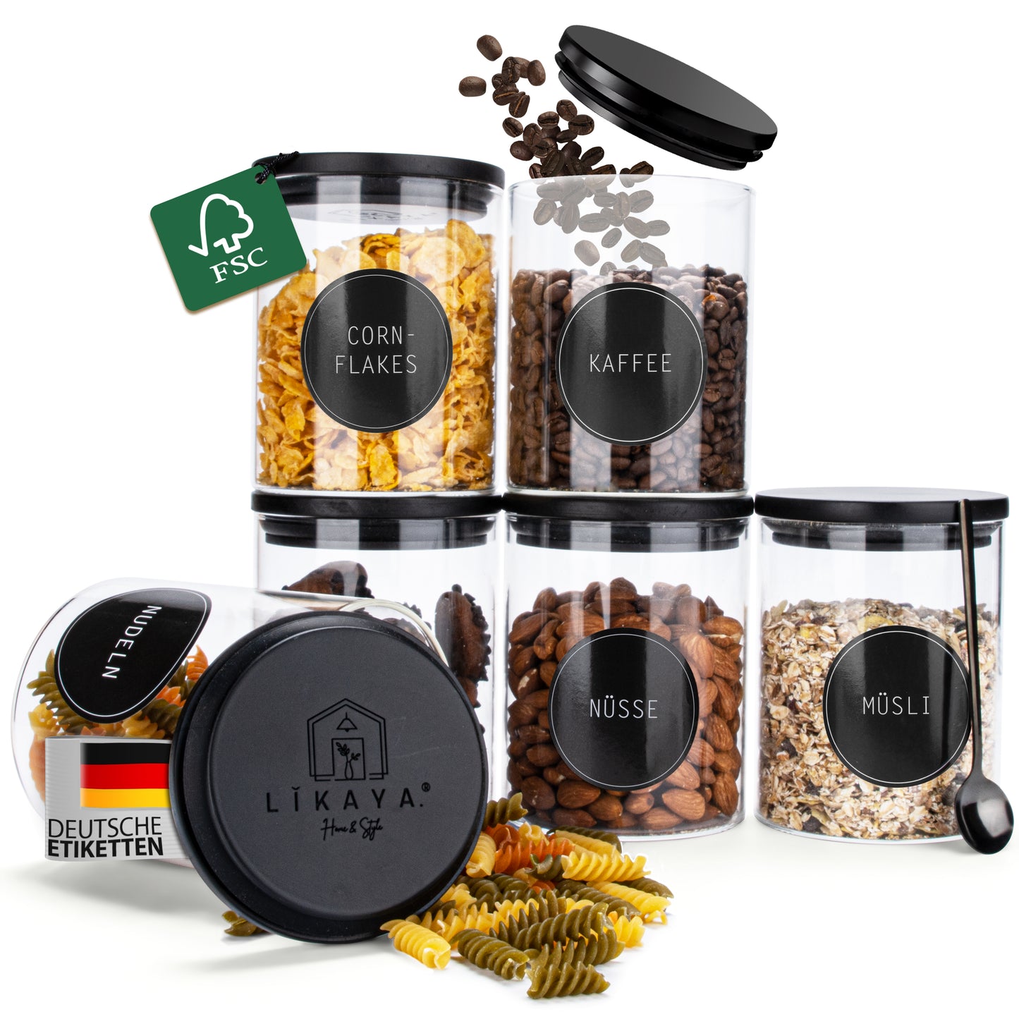 Vorratsgläser aus Borosilikat-Glas mit schwarzen FSC®-zertifizierten Pinienholz-Deckeln