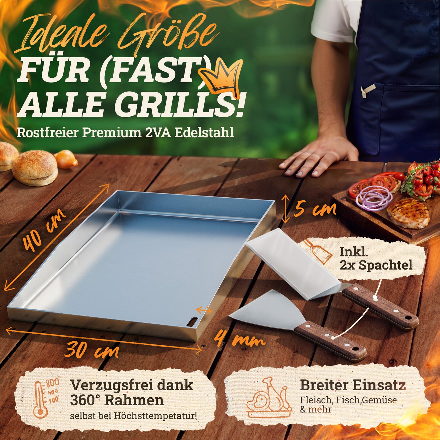 LIKAYA® Edelstahl Grillplatte / Plancha - massiver 4mm V2A Edelstahl inkl. 2x Grillspachteln mit FSC®-Akazienholz Griff - perfektes Grillzubehör!