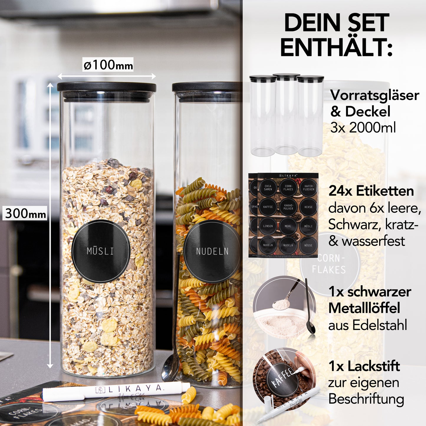 Vorratsgläser aus Borosilikat-Glas mit schwarzen FSC®-zertifizierten Pinienholz-Deckeln