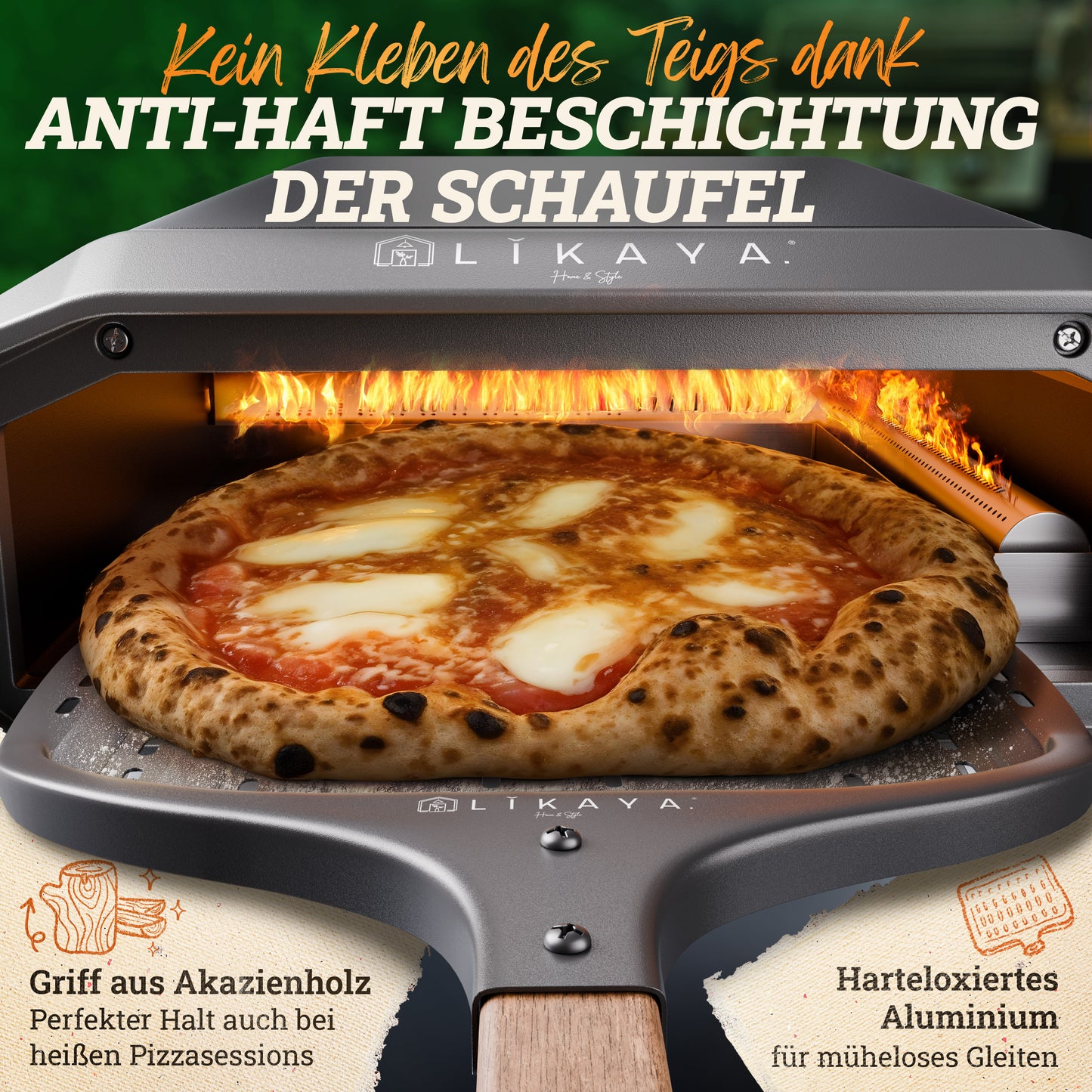 LIKAYA NeroSpin Pizzaofen 12” Black Edition – 6,2kW Gas Pizza Ofen für außen mit drehbarem Pizzastein, Pizzaschaufel & Thermometer Pistole