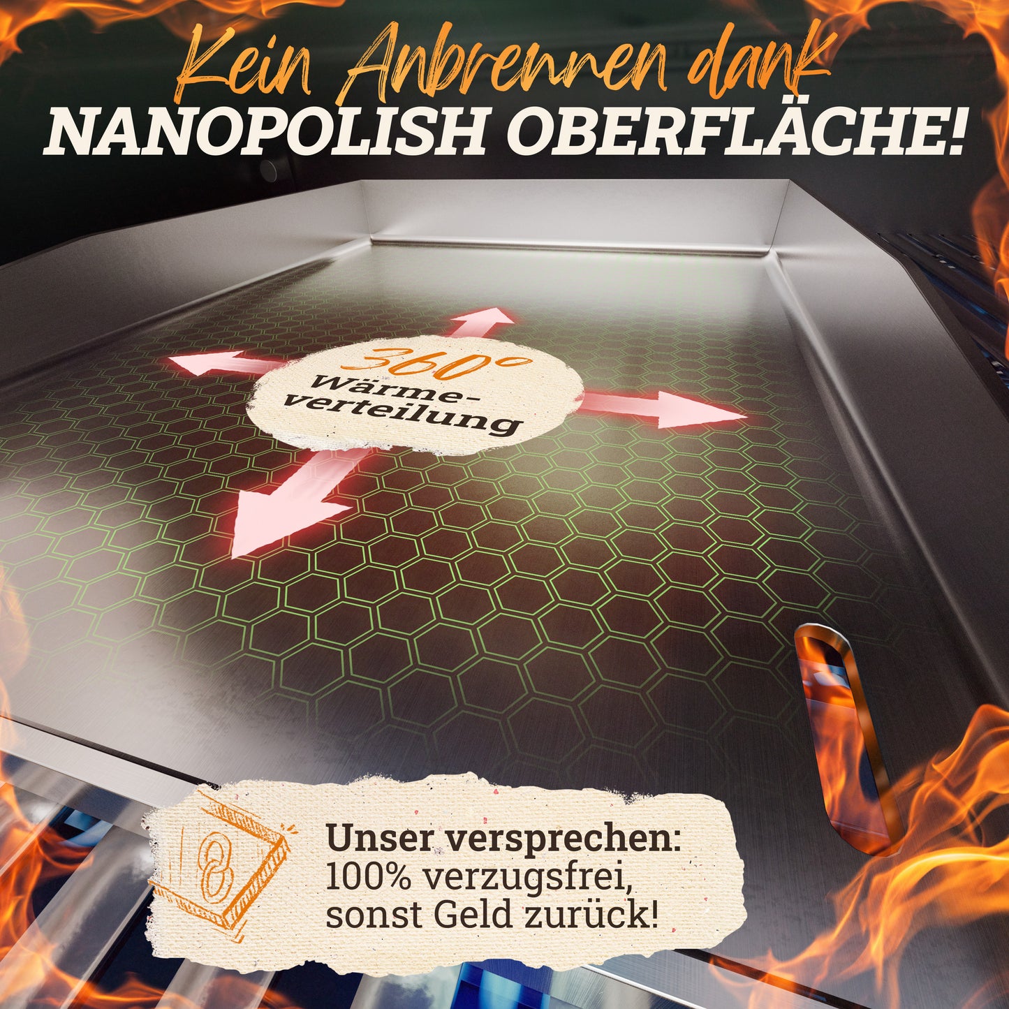 LIKAYA® Edelstahl Grillplatte / Plancha - massiver 4mm V2A Edelstahl inkl. 2x Grillspachteln mit FSC®-Akazienholz Griff - perfektes Grillzubehör!