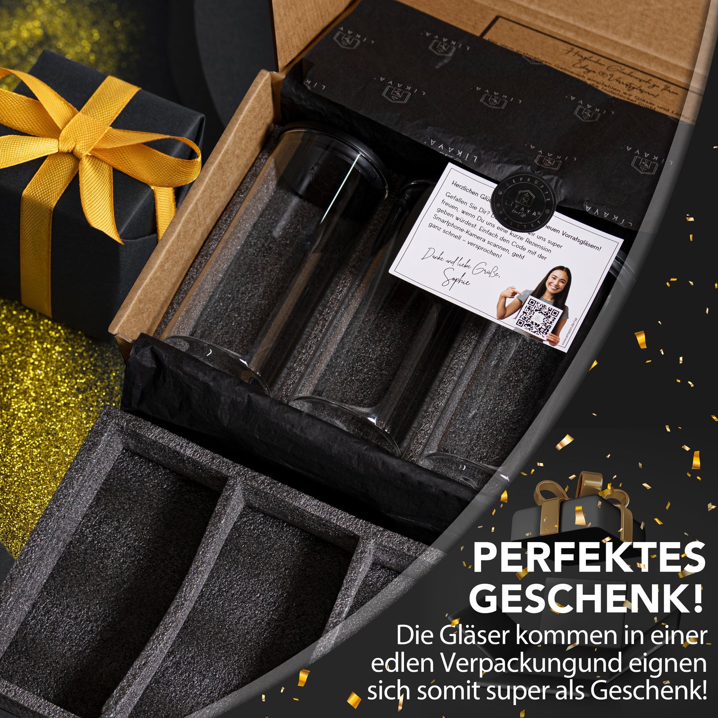 Vorratsgläser aus Borosilikat-Glas mit schwarzen FSC®-zertifizierten Pinienholz-Deckeln