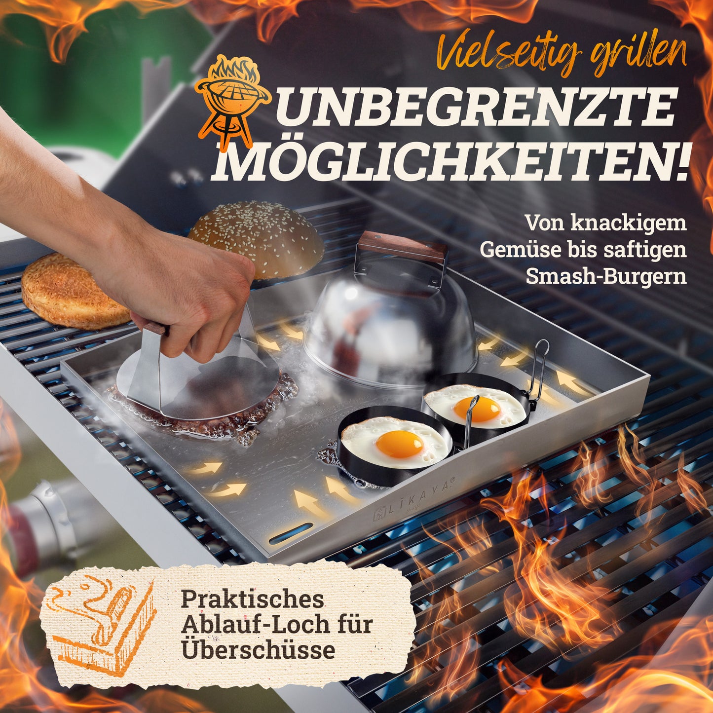LIKAYA® Edelstahl Grillplatte / Plancha - massiver 4mm V2A Edelstahl inkl. 2x Grillspachteln mit FSC®-Akazienholz Griff - perfektes Grillzubehör!