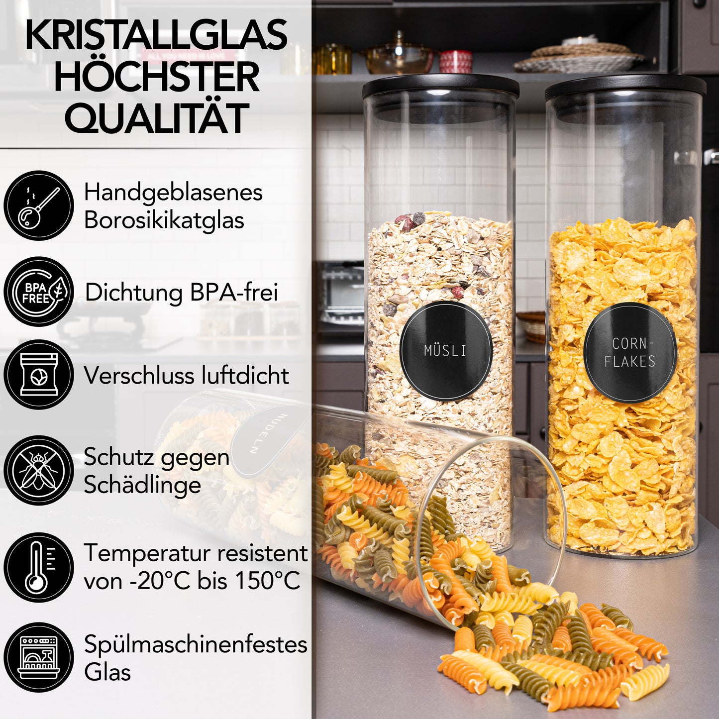 Vorratsgläser aus Borosilikat-Glas mit schwarzen FSC®-zertifizierten Pinienholz-Deckeln