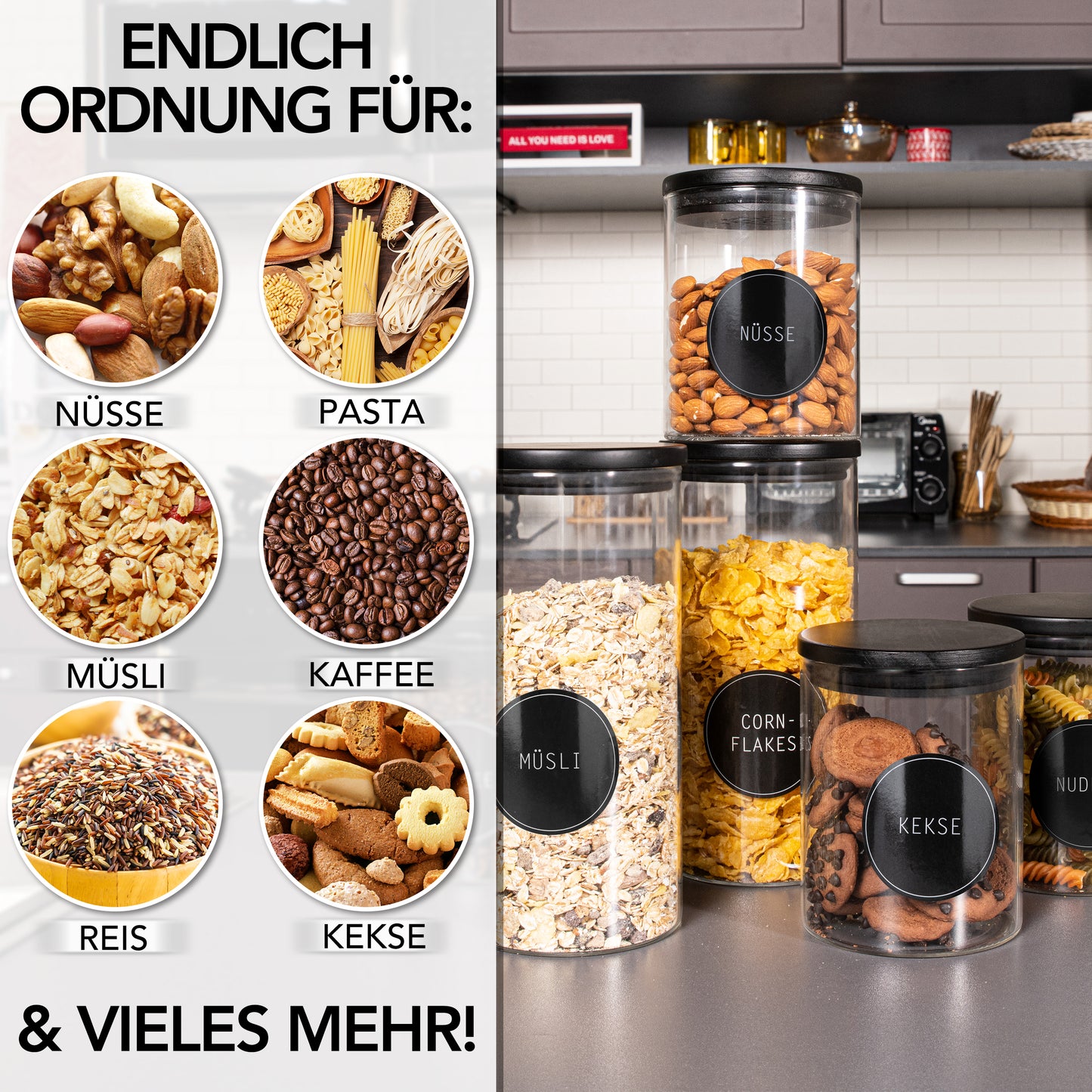 Vorratsgläser aus Borosilikat-Glas mit schwarzen FSC®-zertifizierten Pinienholz-Deckeln