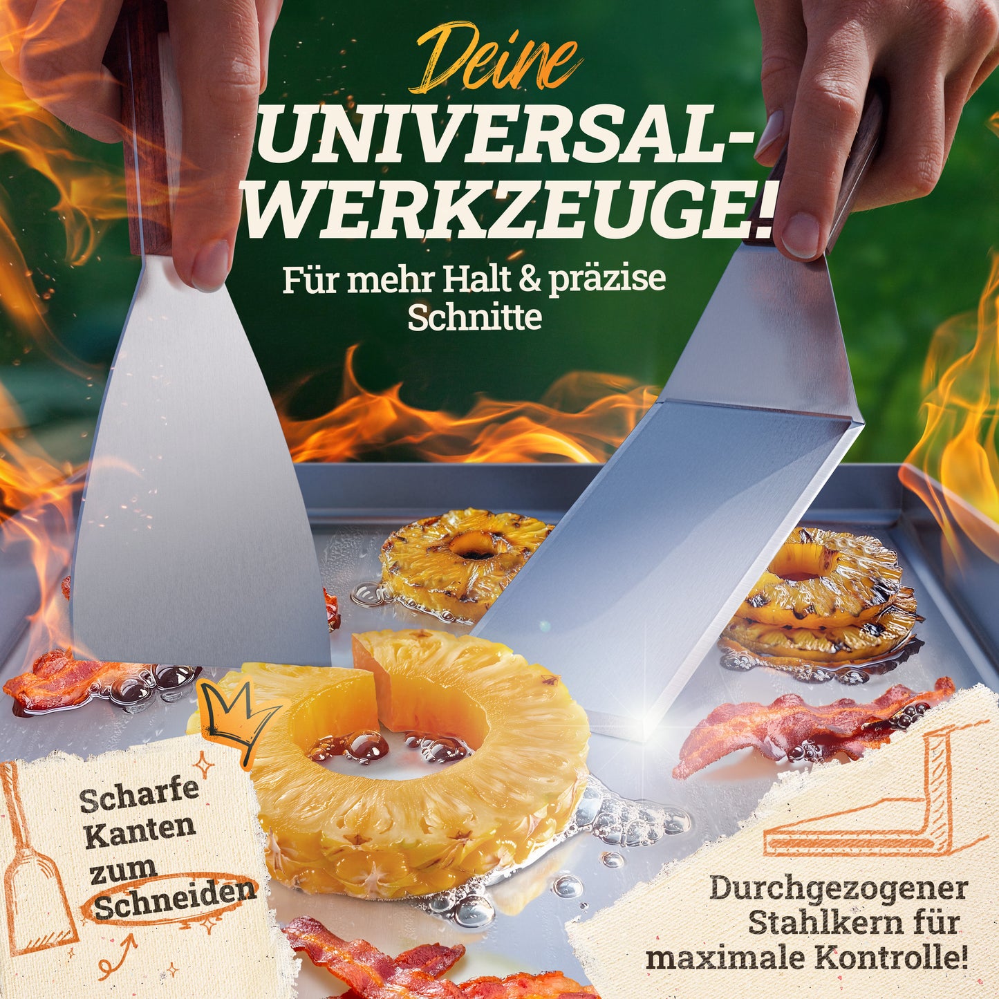 LIKAYA® Edelstahl Grillplatte / Plancha - massiver 4mm V2A Edelstahl inkl. 2x Grillspachteln mit FSC®-Akazienholz Griff - perfektes Grillzubehör!