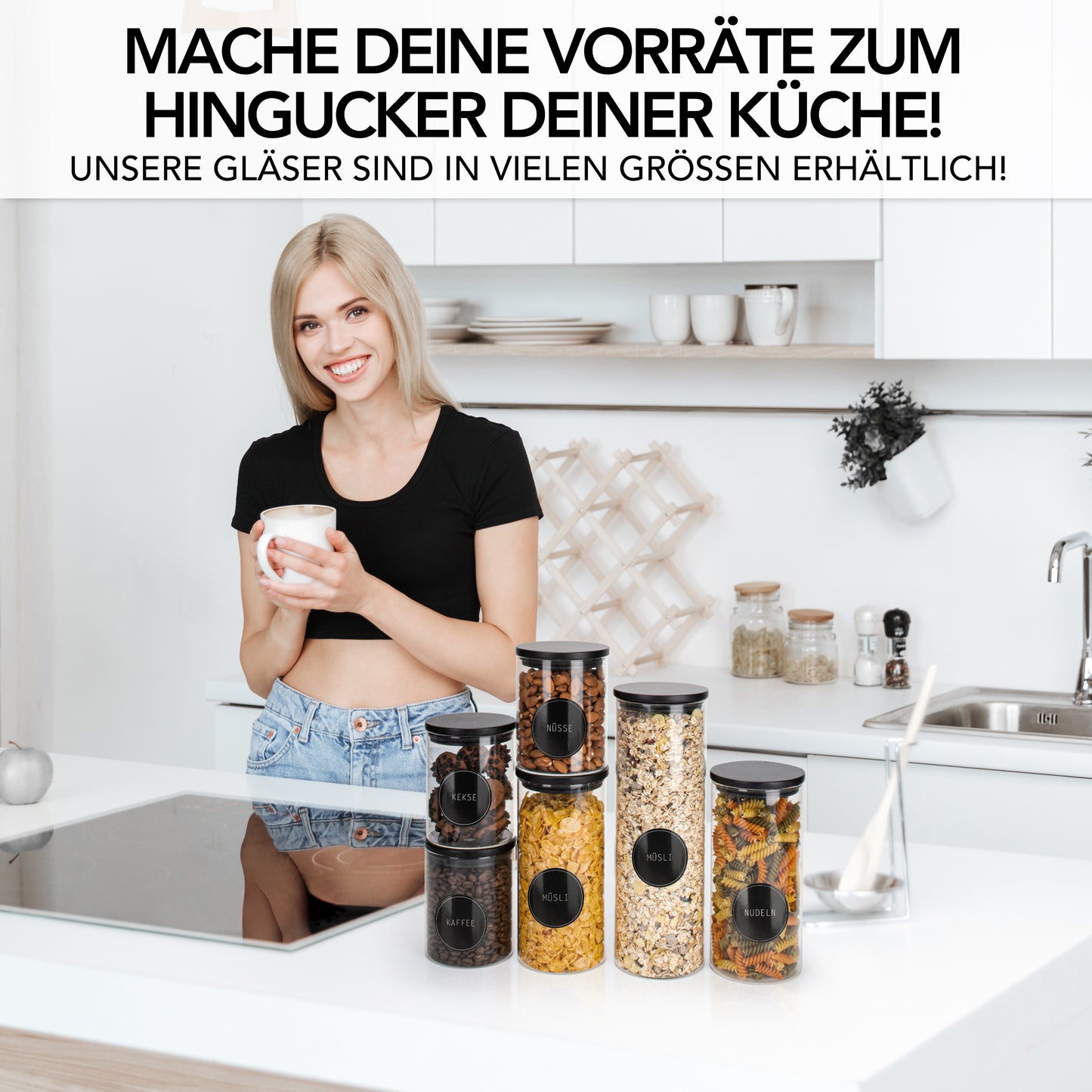 Vorratsgläser aus Borosilikat-Glas mit schwarzen FSC®-zertifizierten Pinienholz-Deckeln