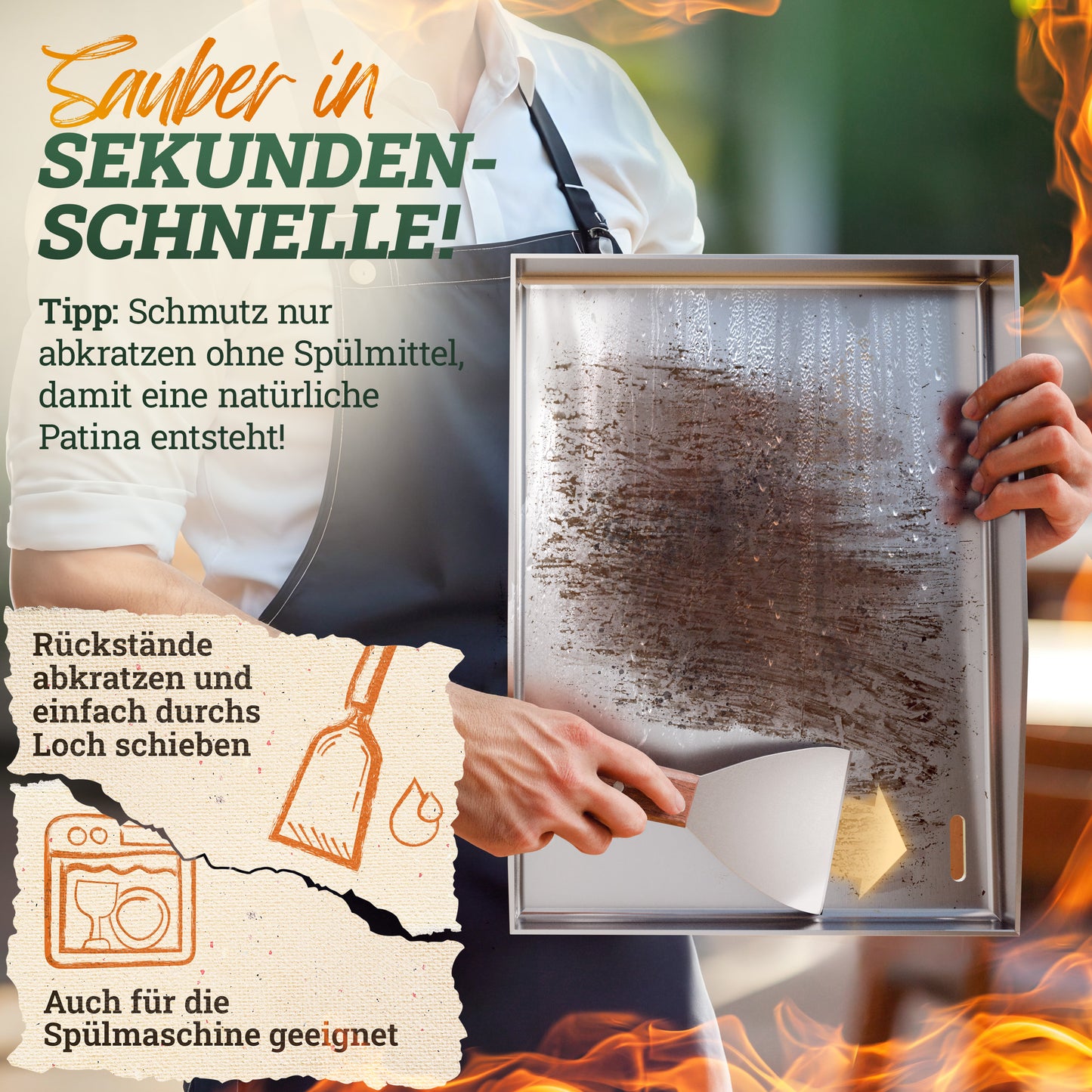 LIKAYA® Edelstahl Grillplatte / Plancha - massiver 4mm V2A Edelstahl inkl. 2x Grillspachteln mit FSC®-Akazienholz Griff - perfektes Grillzubehör!