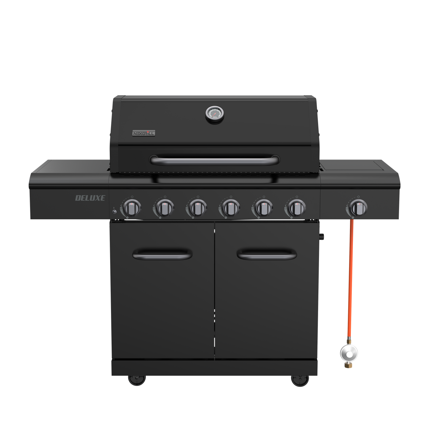 Nexgrill Deluxe 6+1 Brenner Gasgrill matt schwarz – Grill Gas mit Seitenkochfeld, porzellanbeschichteten Gusseisenrosten, Edelstahlbrennern, schwarzem Nickel-Finish, Ideal für Gartenpartys & Outdoor BBQ
