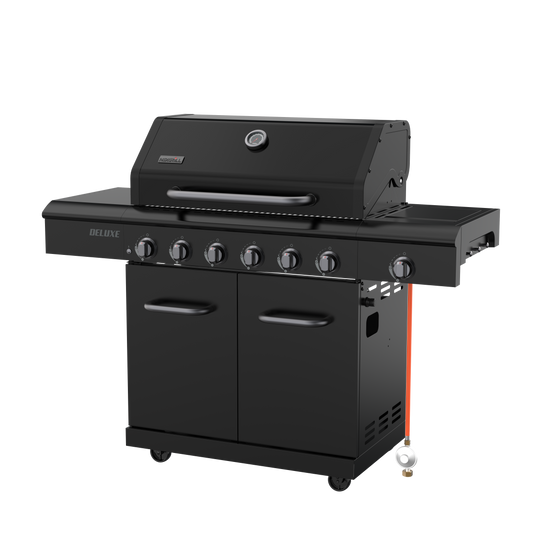 Nexgrill Deluxe 6+1 Brenner Gasgrill matt schwarz – Grill Gas mit Seitenkochfeld, porzellanbeschichteten Gusseisenrosten, Edelstahlbrennern, schwarzem Nickel-Finish, Ideal für Gartenpartys & Outdoor BBQ