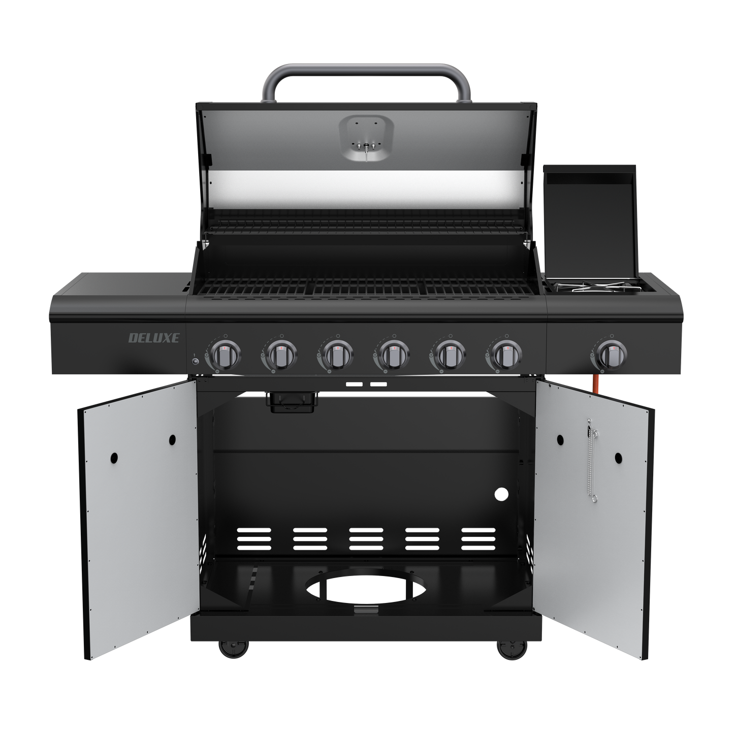 Nexgrill Deluxe 6+1 Brenner Gasgrill matt schwarz – Grill Gas mit Seitenkochfeld, porzellanbeschichteten Gusseisenrosten, Edelstahlbrennern, schwarzem Nickel-Finish, Ideal für Gartenpartys & Outdoor BBQ