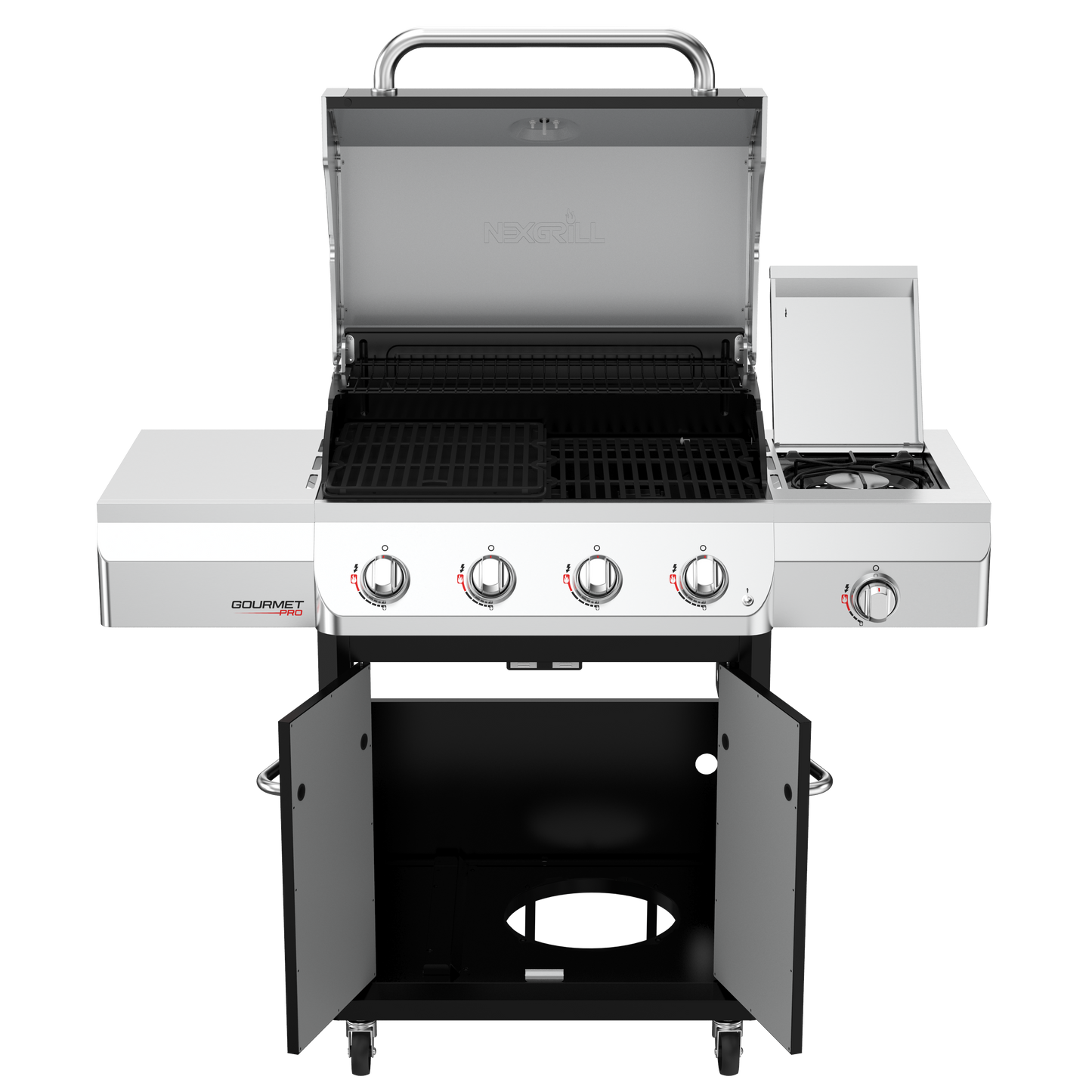 Nexgrill Gourmet Pro 4-Brenner Gasgrill mit Seitenkochfeld & Plancha (Griddle-Max System) – Edelstahl Gasgrill mit porzellanbeschichteten Gusseisenrosten, Ideal für Garten, Balkon & BBQ-Events
