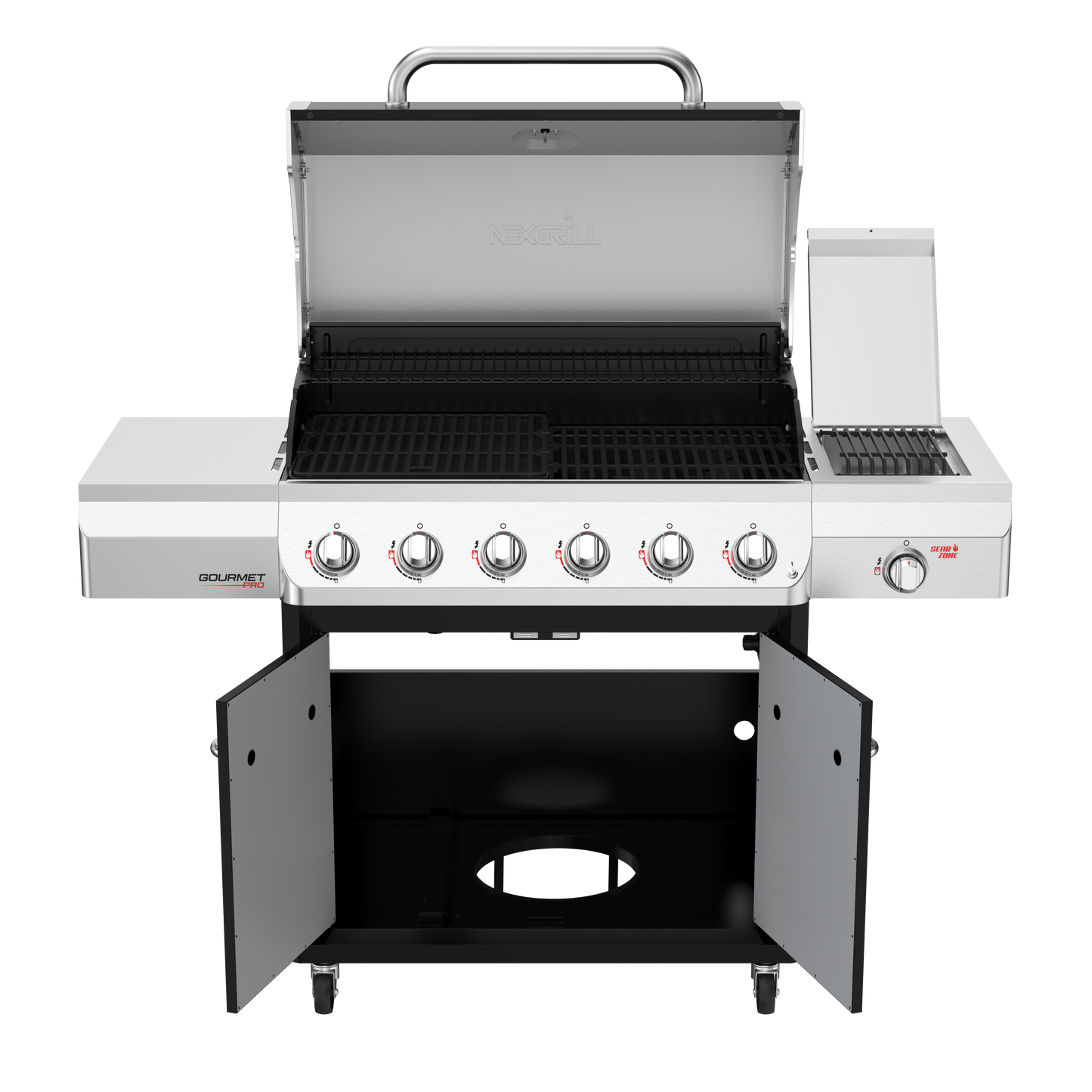 Nexgrill Gourmet Pro 6-Brenner Gasgrill mit Keramik-Seitenbrenner, Plancha Griddle-Max System, porzellanbeschichtetem Gusseisenrost & Edelstahlbrennern – Ideal für Garten, Balkon & BBQ-Events