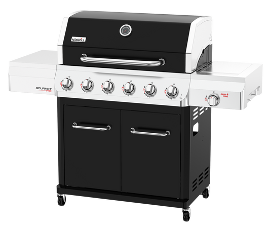 Nexgrill Gourmet Pro 6-Brenner Gasgrill mit Keramik-Seitenbrenner, Plancha Griddle-Max System, porzellanbeschichtetem Gusseisenrost & Edelstahlbrennern – Ideal für Garten, Balkon & BBQ-Events