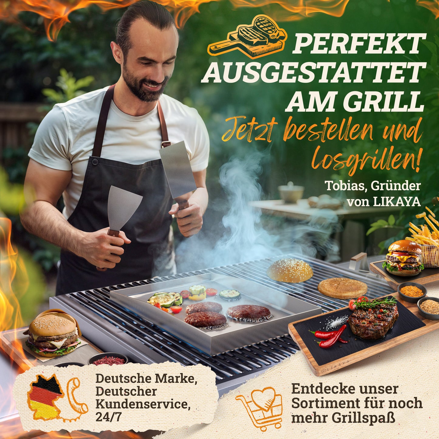 LIKAYA® Edelstahl Grillplatte / Plancha - massiver 4mm V2A Edelstahl inkl. 2x Grillspachteln mit FSC®-Akazienholz Griff - perfektes Grillzubehör!
