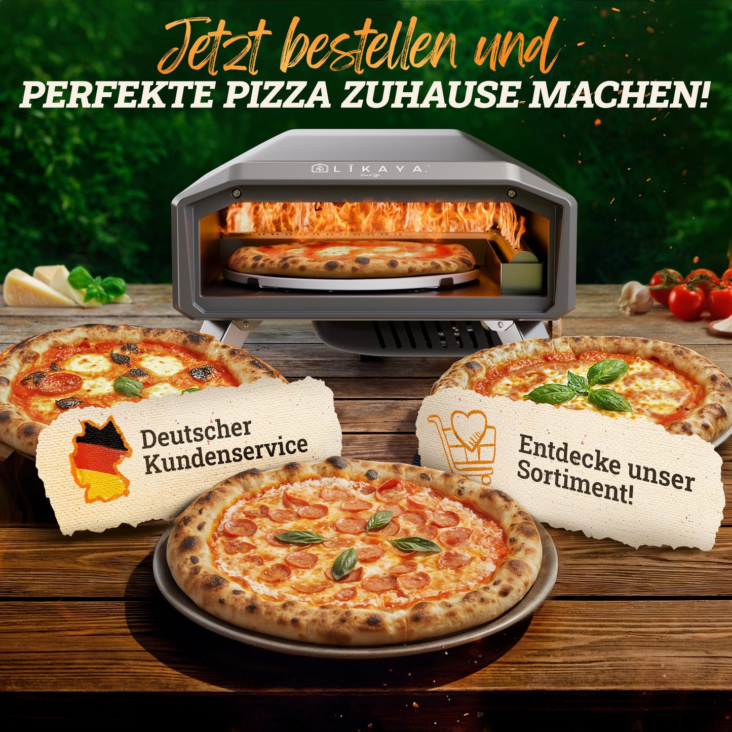 LIKAYA NeroSpin Pizzaofen 12” Black Edition – 6,2kW Gas Pizza Ofen für außen mit drehbarem Pizzastein, Pizzaschaufel & Thermometer Pistole