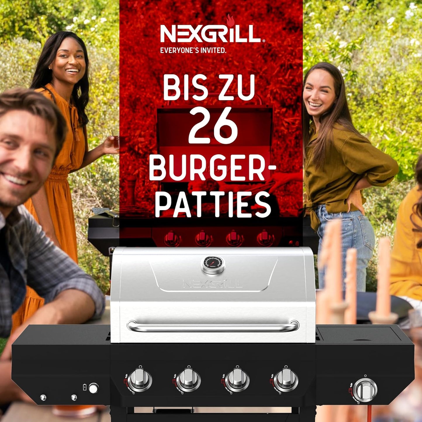 Nexgrill Classic 4-Brenner Gasgrill mit Seitenbrenner – Premium Edelstahl Gas grill mit porzellanbeschichteten Gusseisenrosten, Even-Heat-System – Garten, Balkon & BBQ-Events