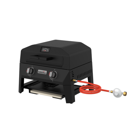 Nexgrill Fortress 4-in-1 Gasgrill/Tischgrill mit 2 Brennern, Pizzaofen-Funktion, Cordierit-Pizzastein & Wende-Grillplatte – Kompakter Outdoorgrill aus Stahl mit Stauraum für Zubehör