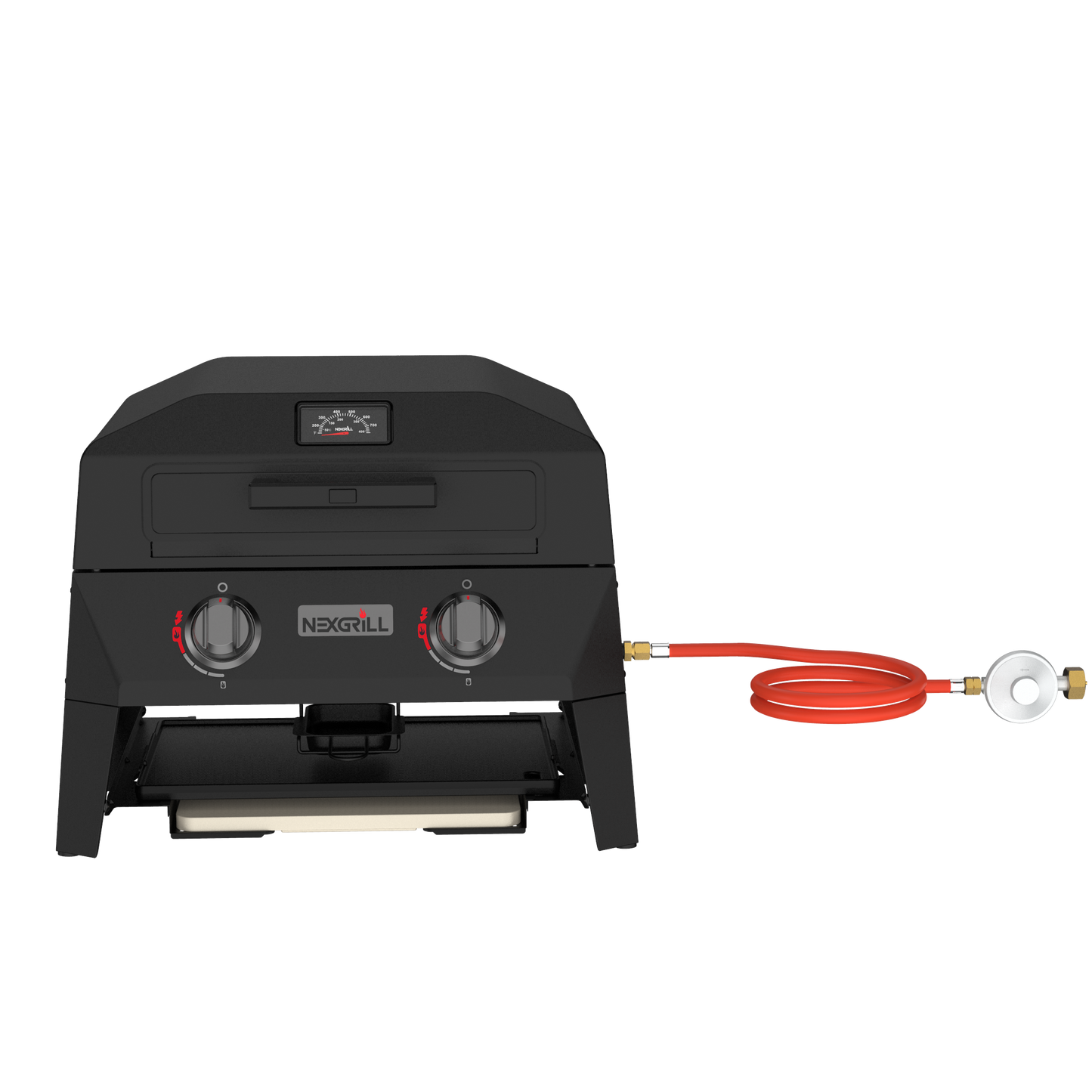 Nexgrill Fortress 4-in-1 Gasgrill/Tischgrill mit 2 Brennern, Pizzaofen-Funktion, Cordierit-Pizzastein & Wende-Grillplatte – Kompakter Outdoorgrill aus Stahl mit Stauraum für Zubehör