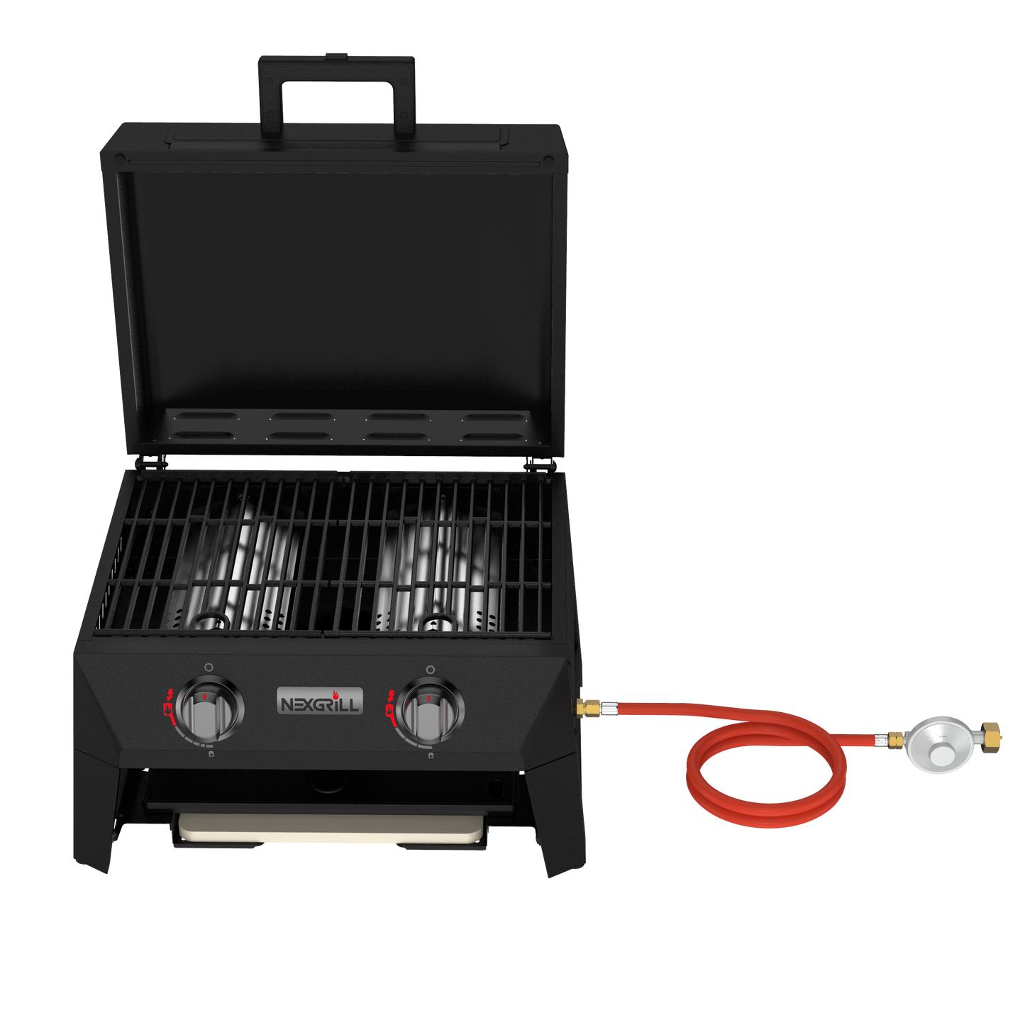 Nexgrill Fortress 4-in-1 Gasgrill/Tischgrill mit 2 Brennern, Pizzaofen-Funktion, Cordierit-Pizzastein & Wende-Grillplatte – Kompakter Outdoorgrill aus Stahl mit Stauraum für Zubehör