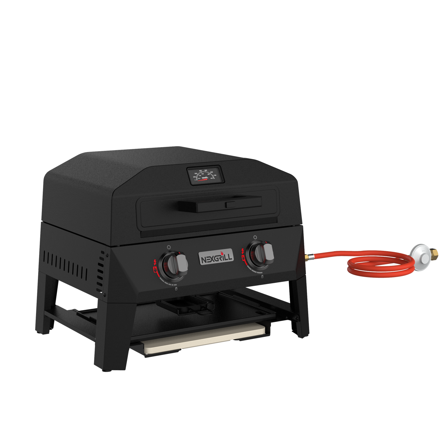 Nexgrill Fortress 4-in-1 Gasgrill/Tischgrill mit 2 Brennern, Pizzaofen-Funktion, Cordierit-Pizzastein & Wende-Grillplatte – Kompakter Outdoorgrill aus Stahl mit Stauraum für Zubehör