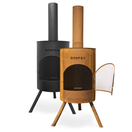 BonFeu BonTon 40 Black Feuerstelle aus Cortenstahl – stilvoller Gartenkamin & Outdoor Terrassenofen mit Grillfunktion für Garten und Terrasse