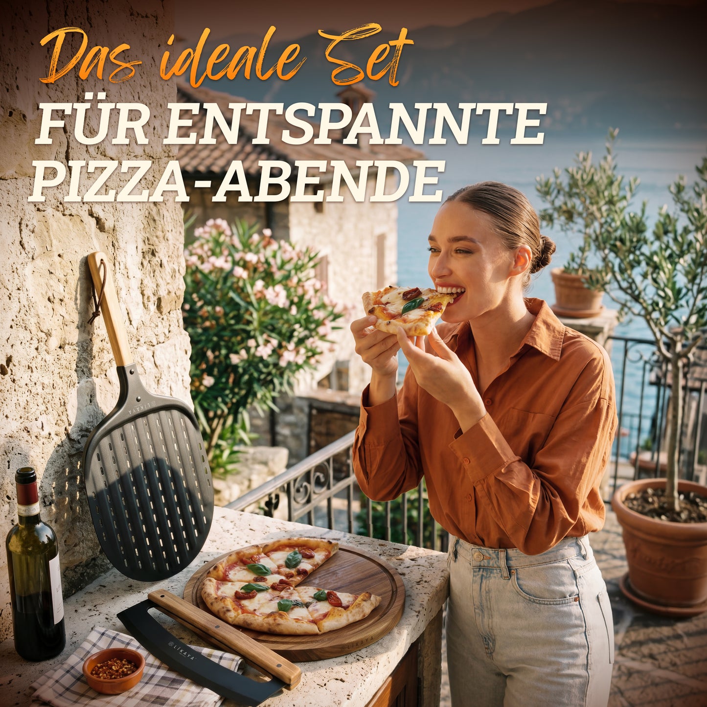 LIKAYA Pizzaiolo Set – Pizzaschaufel, Pizza-Wiegemesser & Pizzabrett aus Akazienholz – Pizza Zubehör Set für Pizzaofen, Grill & Backofen (erhältlich ab Ende Mai)