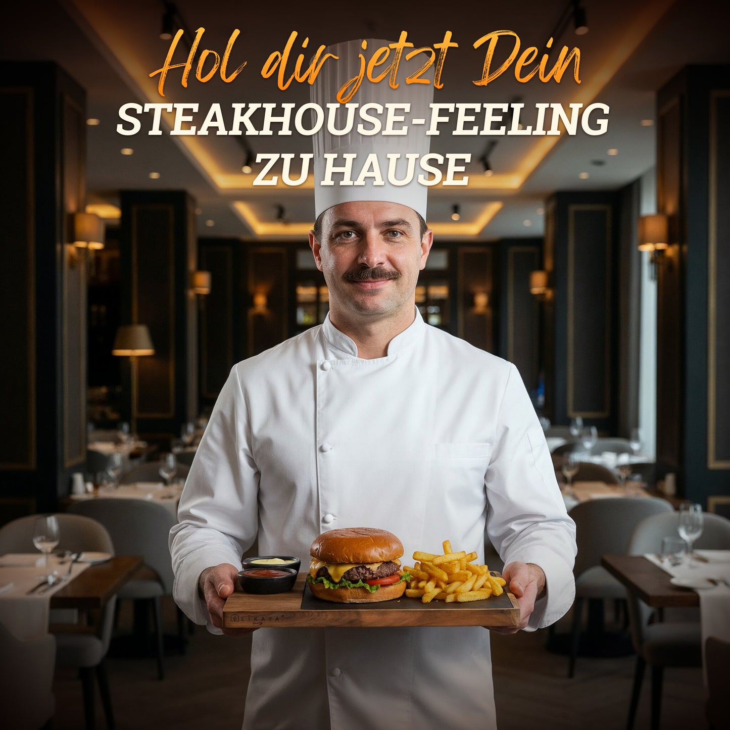 Servierbrett XXL ‘Domingo' 2er Set aus FSC® Akazien-Holz mit Schieferplatte & Saucen Schüsseln