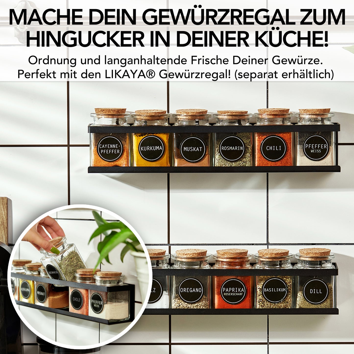 Gewürzgläser (12er Set) eckig 150ml mit Korkdeckel, 36x Etiketten und 12x Metalllöffelchen