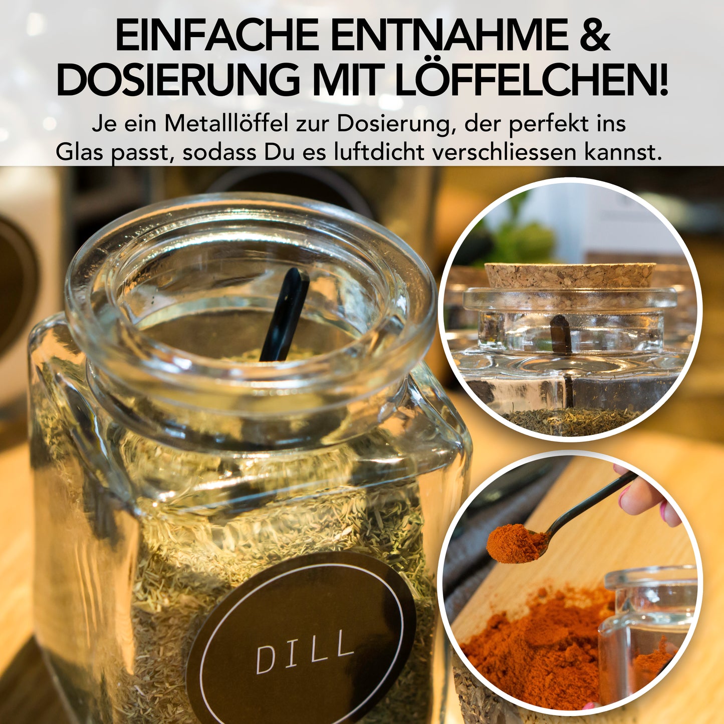 Gewürzgläser (12er Set) eckig 150ml mit Korkdeckel, 36x Etiketten und 12x Metalllöffelchen