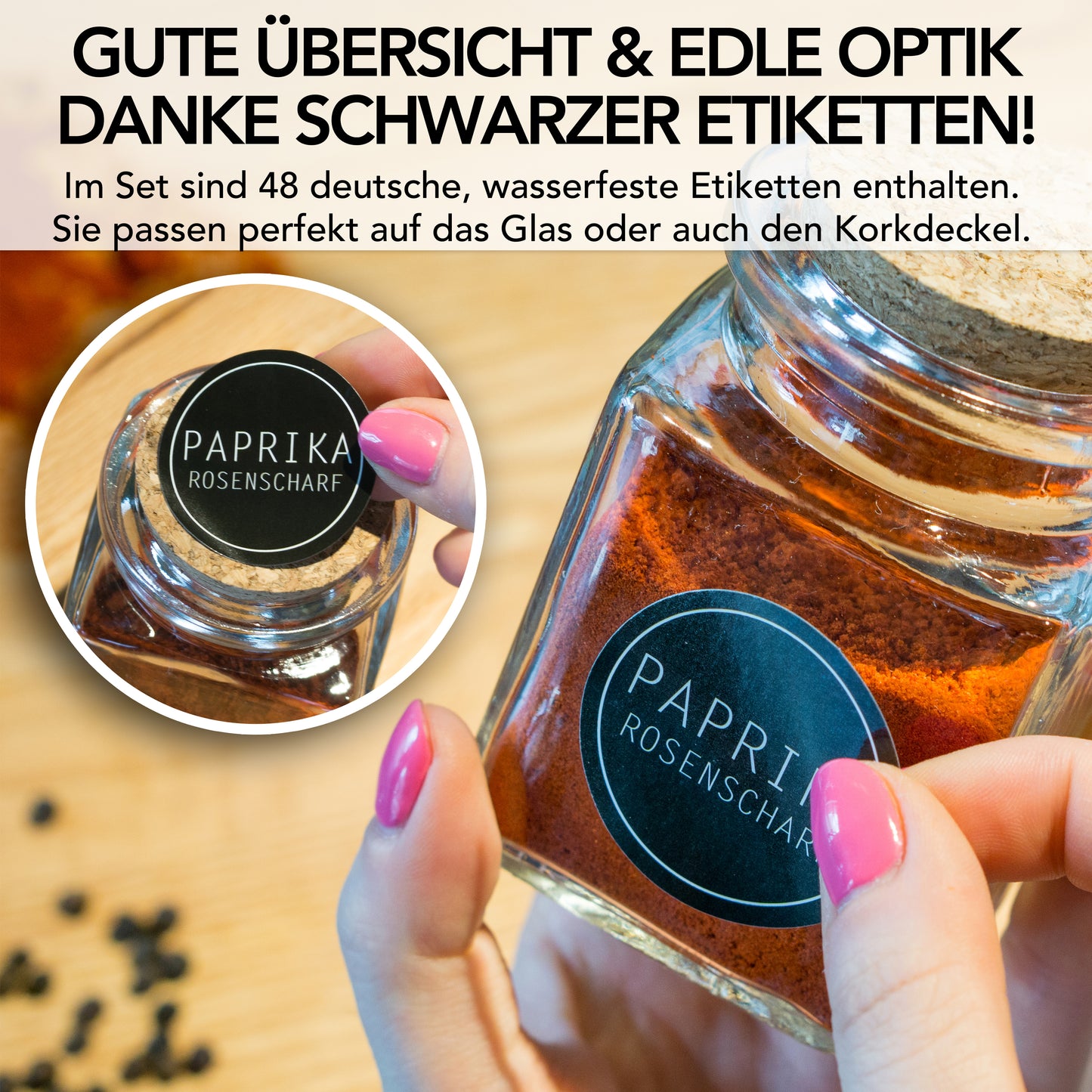 Gewürzgläser (12er Set) eckig 150ml mit Korkdeckel, 36x Etiketten und 12x Metalllöffelchen