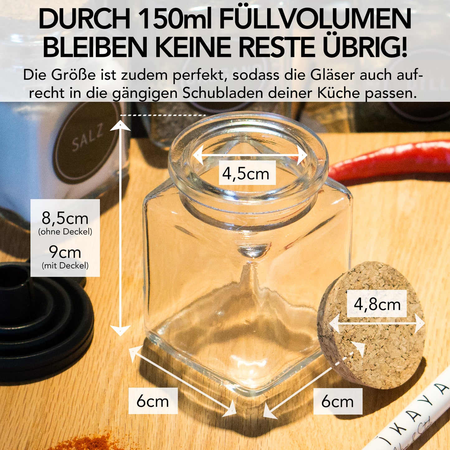 Gewürzgläser (12er Set) eckig 150ml mit Korkdeckel, 36x Etiketten und 12x Metalllöffelchen