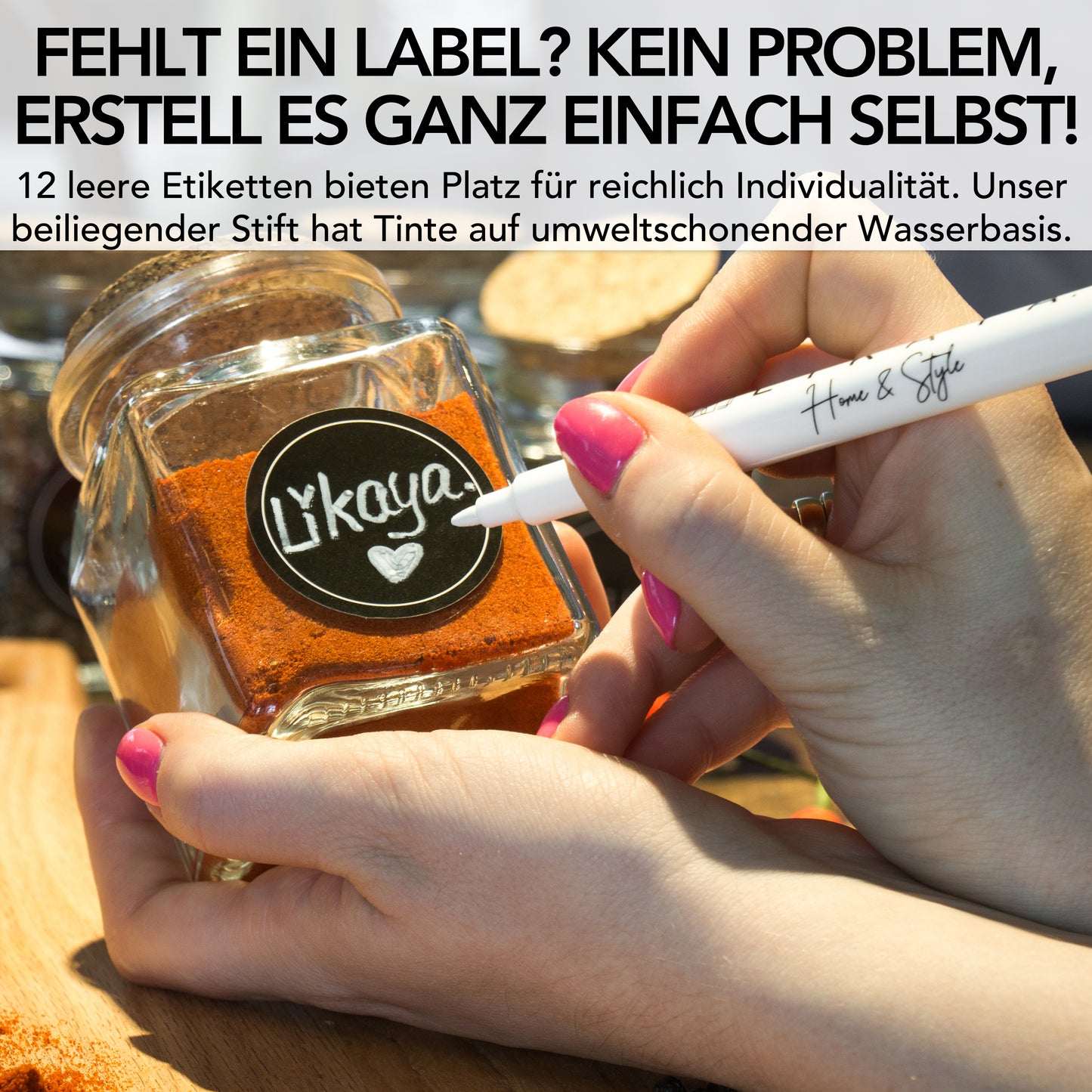 Gewürzgläser (12er Set) eckig 150ml mit Korkdeckel, 36x Etiketten und 12x Metalllöffelchen