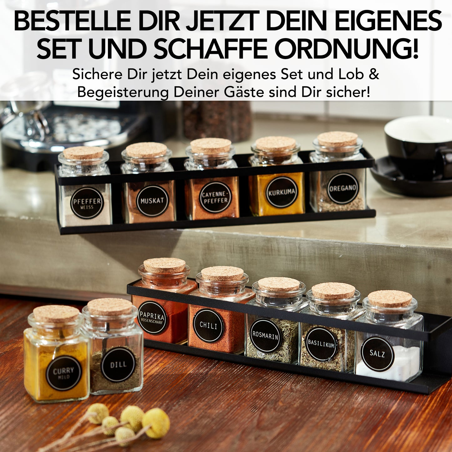 Gewürzgläser (12er Set) eckig 150ml mit Korkdeckel, 36x Etiketten und 12x Metalllöffelchen