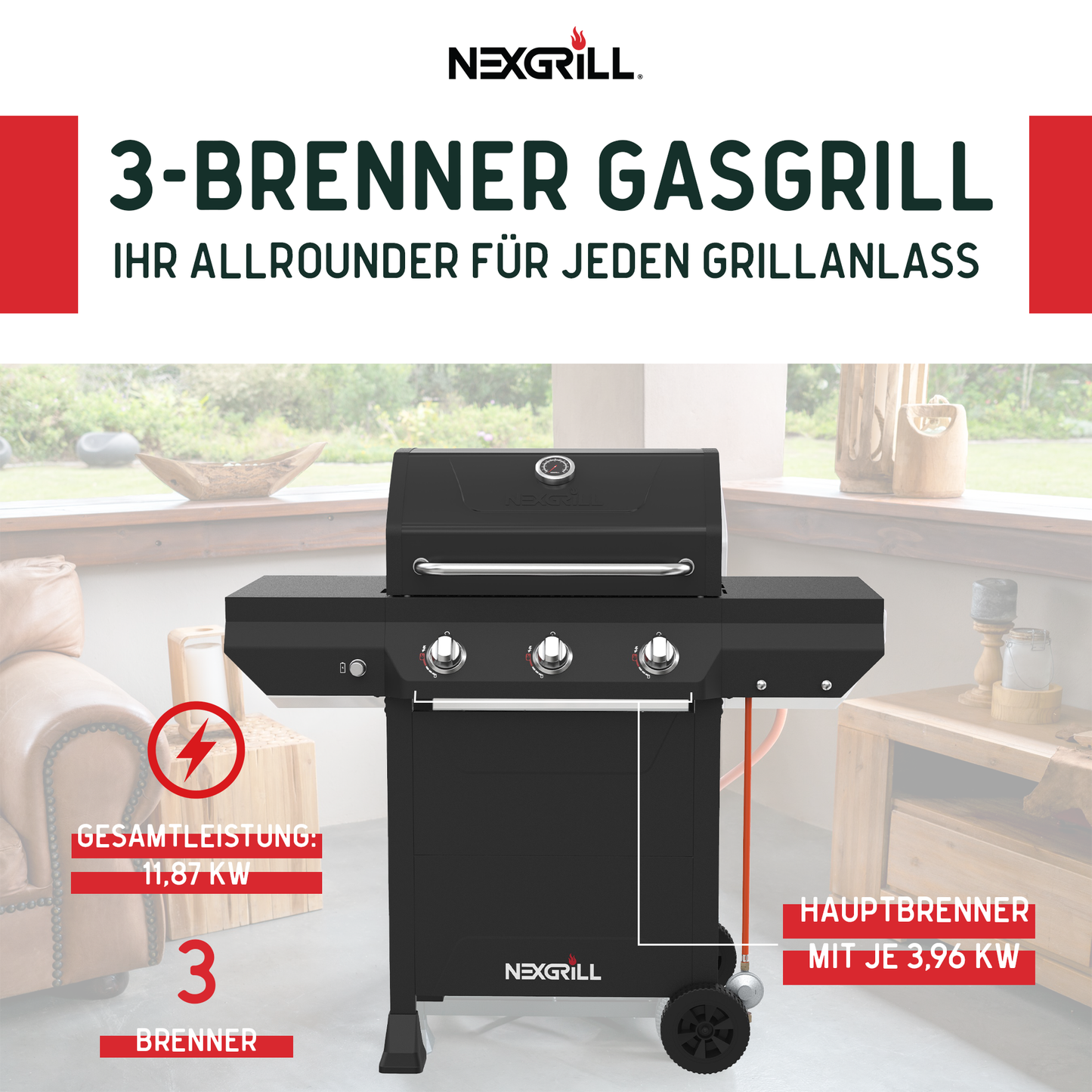 Nexgrill Classic 3-Brenner Gasgrill – Kompakter Outdoor-Gas grill mit porzellanbeschichteten Gusseisenrosten, Even-Heat-System – Garten, Balkon & BBQ-Events