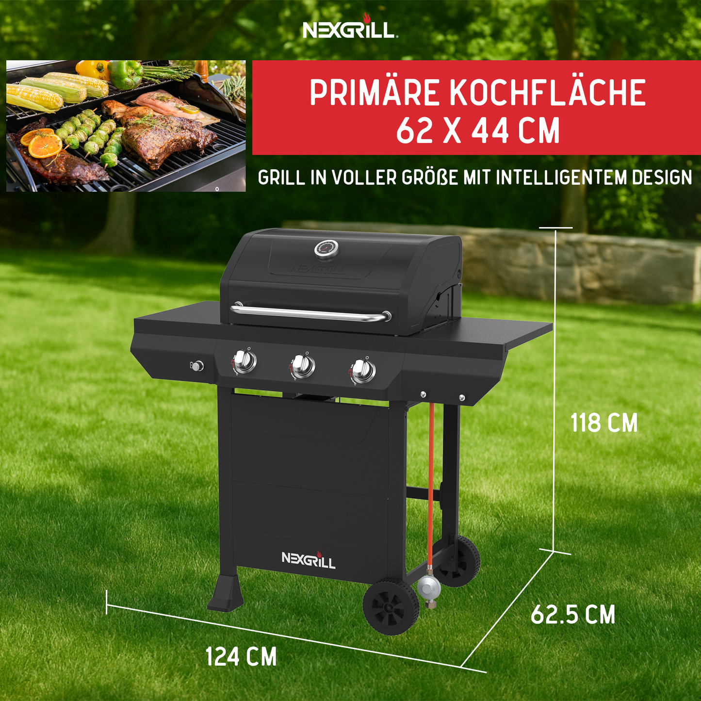 Nexgrill Classic 3-Brenner Gasgrill – Kompakter Outdoor-Gas grill mit porzellanbeschichteten Gusseisenrosten, Even-Heat-System – Garten, Balkon & BBQ-Events