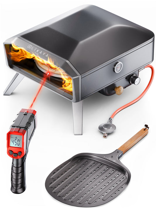 LIKAYA NeroSpin Pizzaofen 12” Black Edition – 6,2kW Gas Pizza Ofen für außen mit drehbarem Pizzastein, Pizzaschaufel & Thermometer Pistole