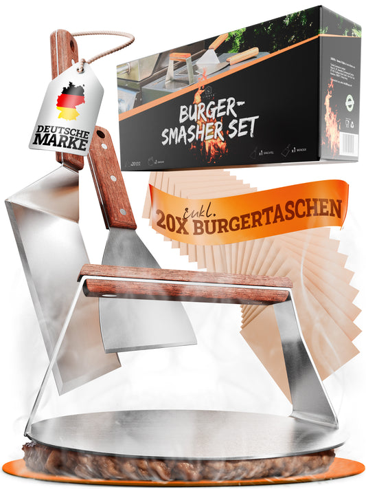 Burger Smasher & Grillspachtel Set [4-TLG.] Edelstahl mit Akazienholz-Griff für Plancha, Grillplatte, Gasgrill & Feuerplatte